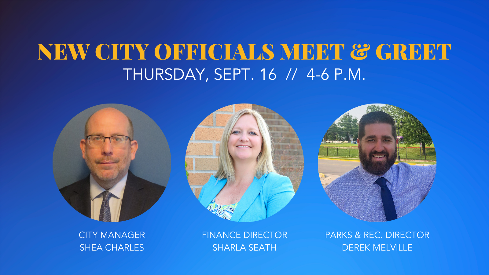 Shea Charles, Sharla Seath, Derek Melville headshots; Meet and Greet