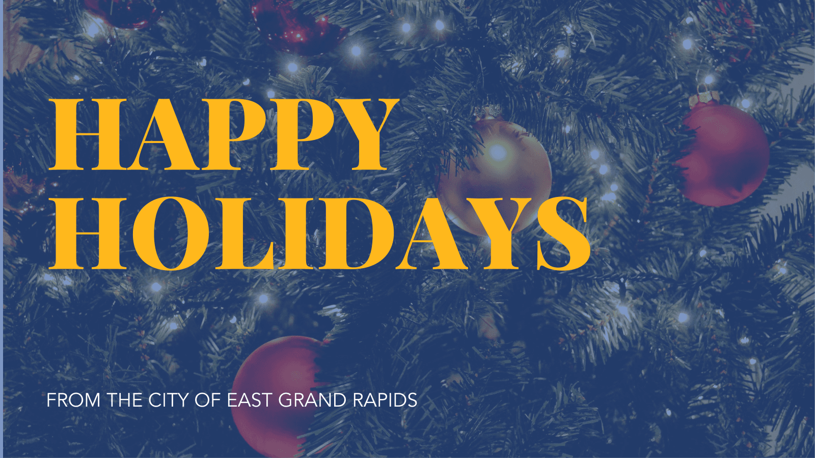 Happy Holidays overlayed on Christmas tree background